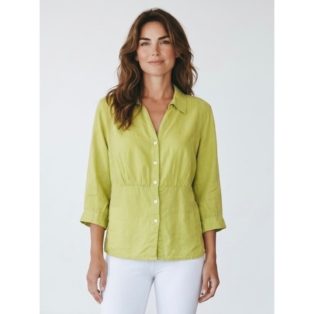 Talbots Pure Irish Linen Button Down Empire Waist Shirt Chartreuse Green 16W